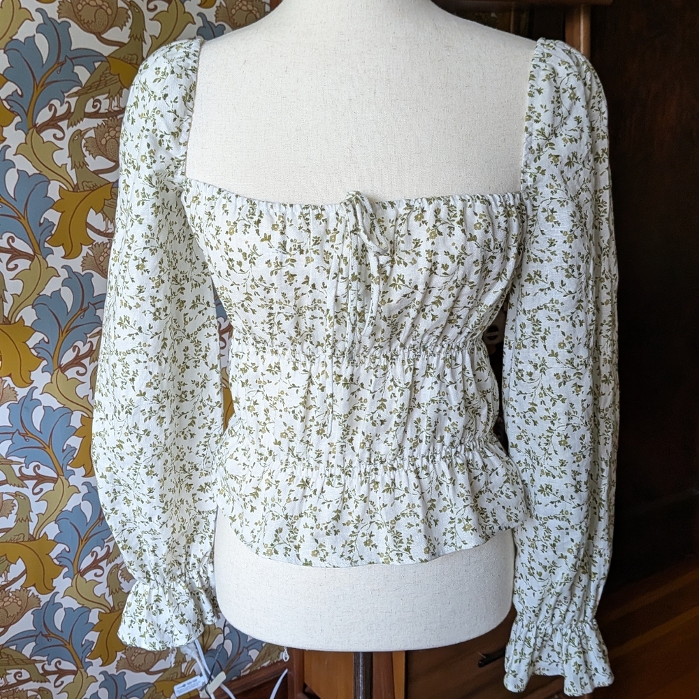 Reformation Cream and Green Floral Blouse